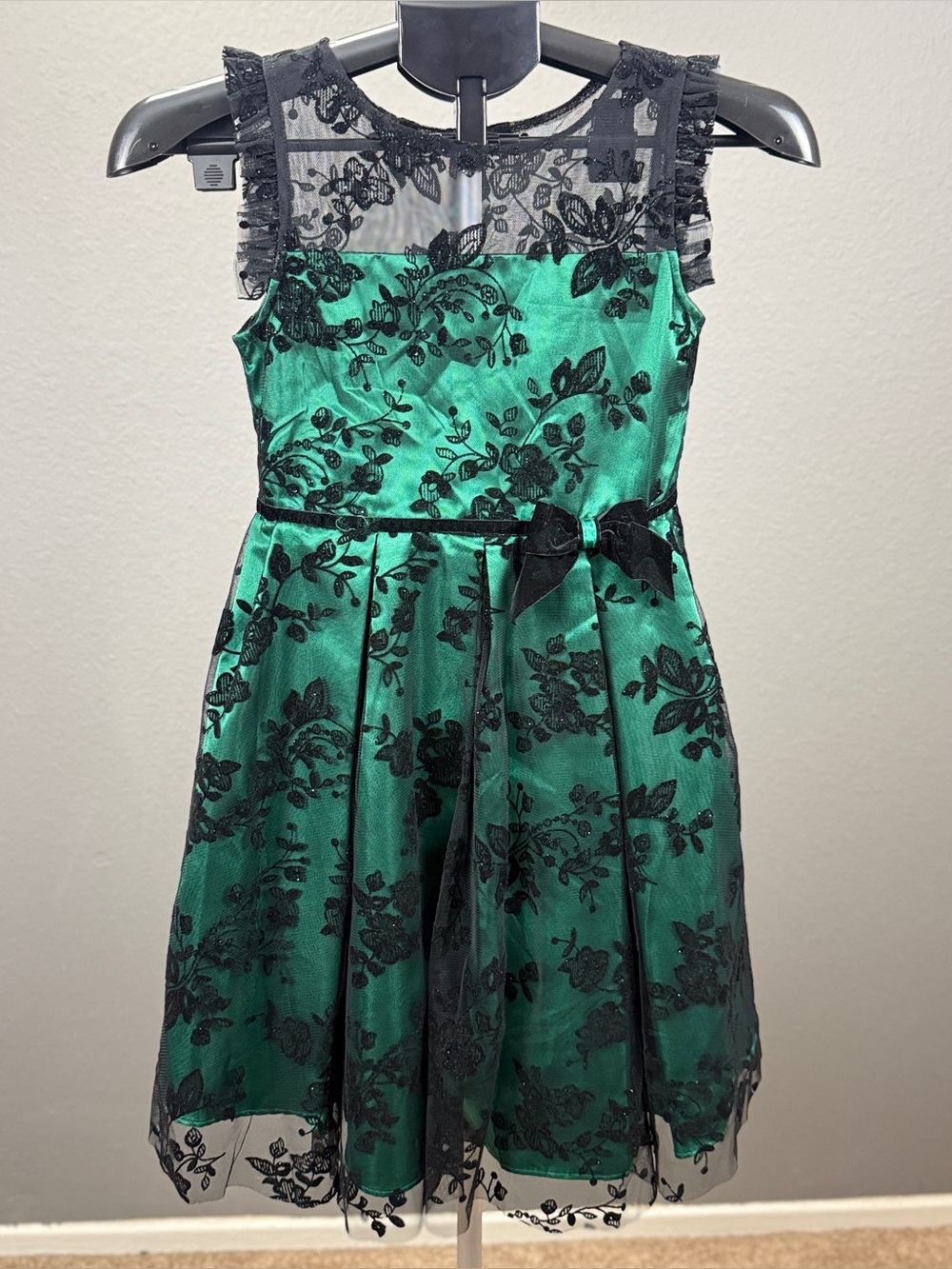 Jona Michelle Girls Sz 8 Emerald Green Velvet Floral Lace Party Dress Bow Formal